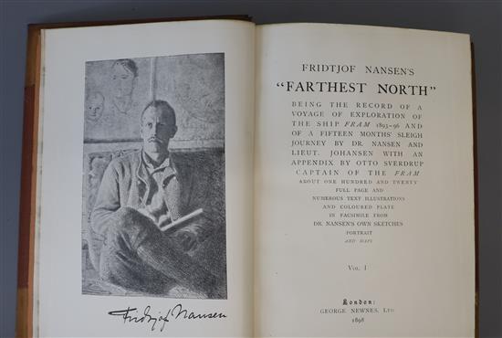 Nansen, Fridtjof, Dr - Farthest North, 2 vols, 8vo, half calf, with folding map, leather stained, boards scuffed, tear and joint split